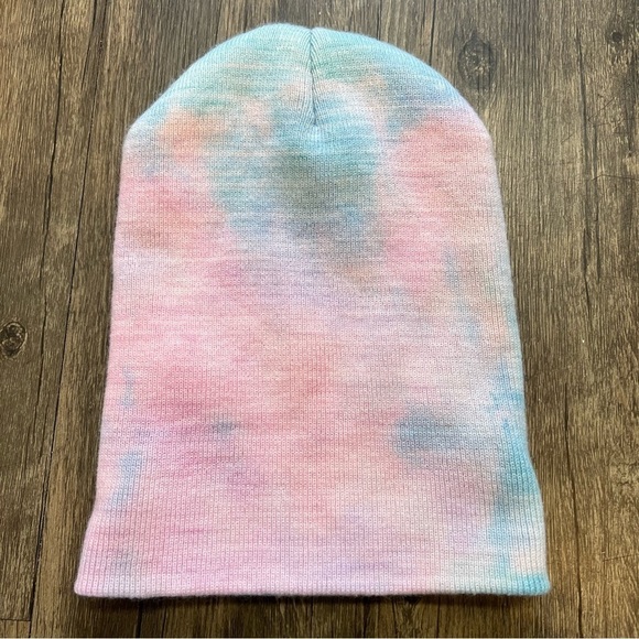 Tie Dye Pink Blue Beanie Cuffed Knitted Hat Winter Snow Holiday One Size - Picture 4 of 6